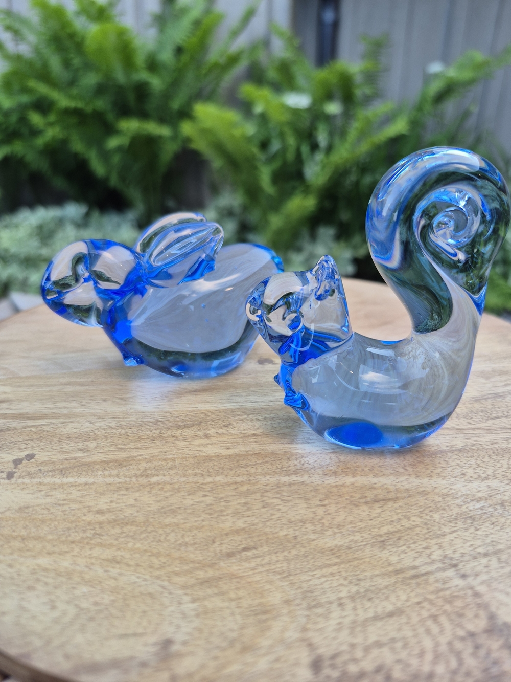 Vintage Hand Blown Blue Art Glass Squirrel & Bunny Rabbit Figurine Set - MCM